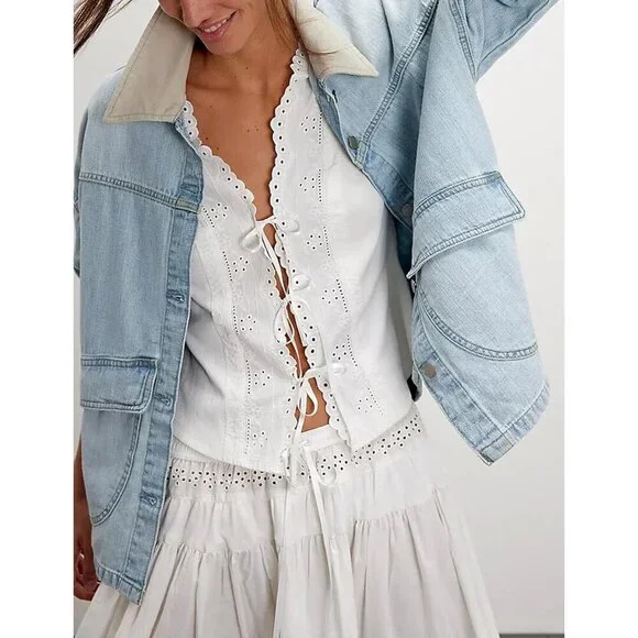 Women's Oversized Denim Jacket with Contrast Long Sleeve Button Down Light Blue